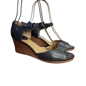 Frye Dierdre X Stitch Black Leather Wedge Sandals Shoes Ankle Strap Open Toe 8